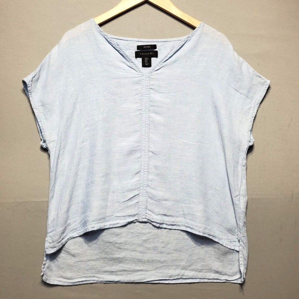 Tahari 100% Linen Tunic Top Womens M Blue Boxy Coastal Old Money Minimalist Chic